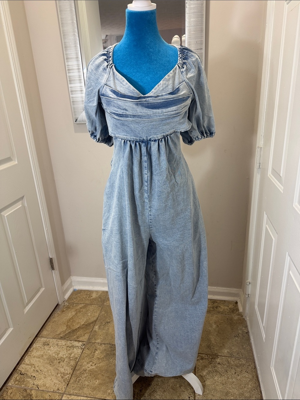 Light Wash Denim Puff-Sleeve Jumpsuit